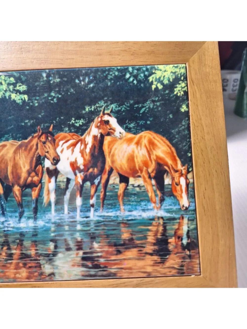 SET OF (2) CYPRESS HOME CERAMIC TRIVET/WALL HANGING RUSTIC WOODEN FRAME HORSES